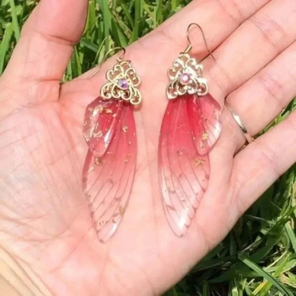Fuchsia Gold Cicada Fairy Butterfly Wing Earrings - Picture 1 of 2